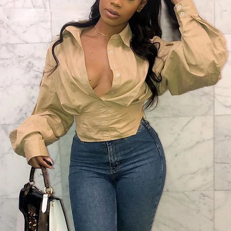 

2023 Spring Temperament Cardigan Lantern Long Sleeve Lapel Loose Elegant Chic Tunic Women's Long Sleeve T-shirt Top Large Size