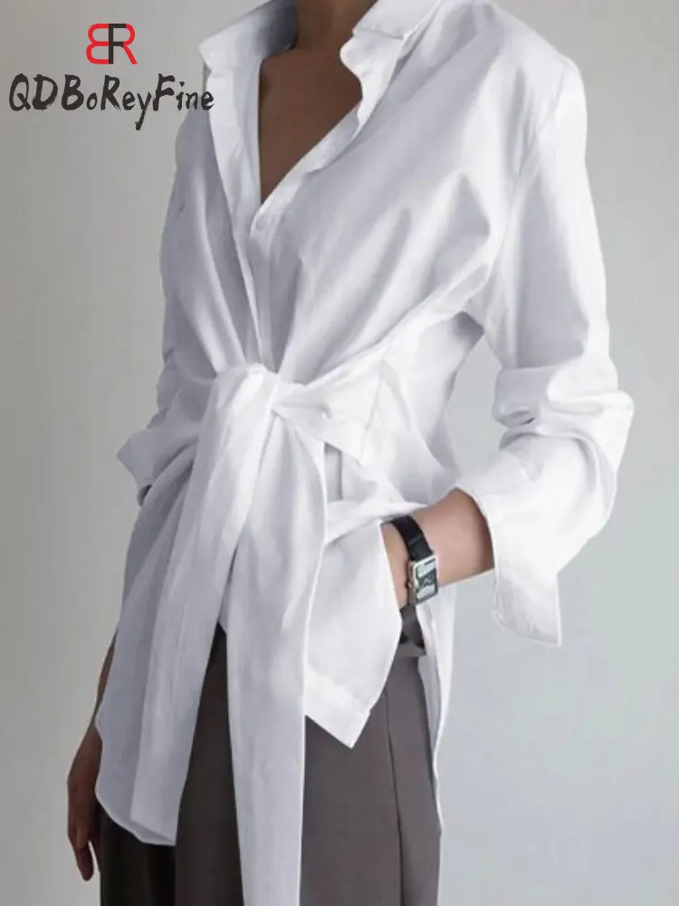 

Spring Women Shirt Elegant Long Sleeve Beautiful Blusa Vintage Office Lady Lace Up Casual White Blouses for Women Fashion 2023