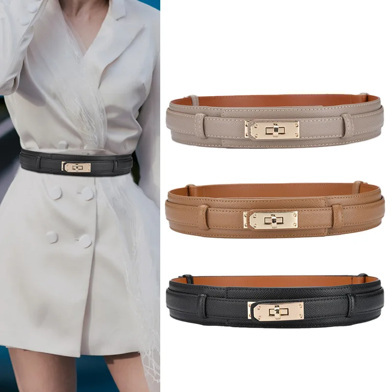 Gold Lock Ladies Leather Belt Luxury Design Fashion Casual Versatile Dress Girdle Corset Gothic Korean High Quality Brand
