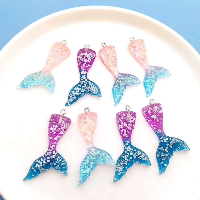 

10pcs Cute Gradient Resin Flatback Glitter Mermaid tail charms For Necklace Keychain Pendant DIY Making Accessories