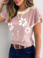 floral printed flared blouse women fashion casual short sleeve patchwork button down shirt low cut sexy v neck hollow out tops