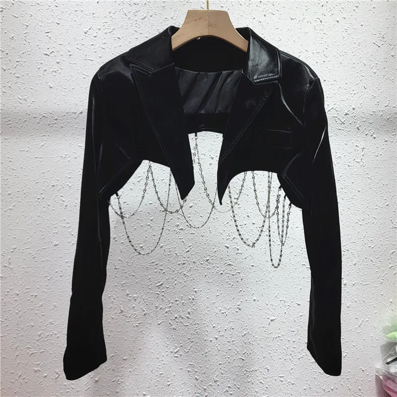 

2023 Spring New Hot Girl Diamond Short Leather Jacket Chain Tassel Half Shawl Suit Top Women Cropped Coats Streetwear Jackets
