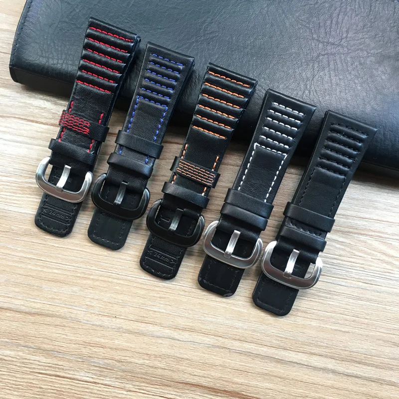 

Ремешок из телячьей кожи для наручных часов, браслет для часов, черный белый оранжевый красный синий с стежками, 28 мм * 24 мм