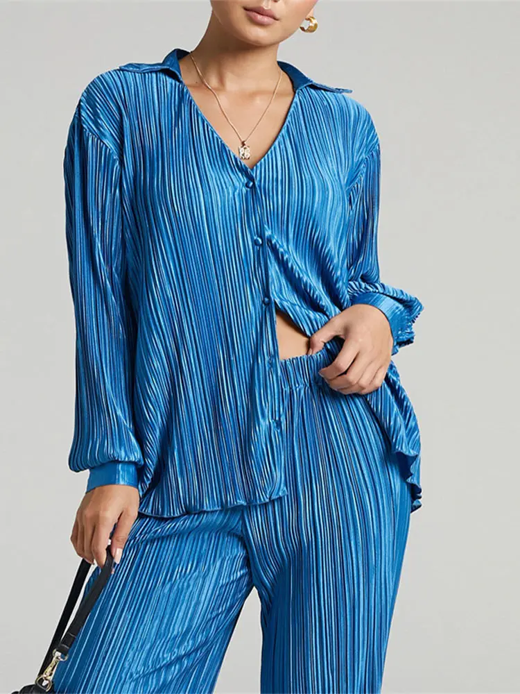 

Women Long Sleeve V Neck Blouse And High Waist Pants Two Piece Sets Female Elegant Trousers Outfits Casual Pleated Home Suit