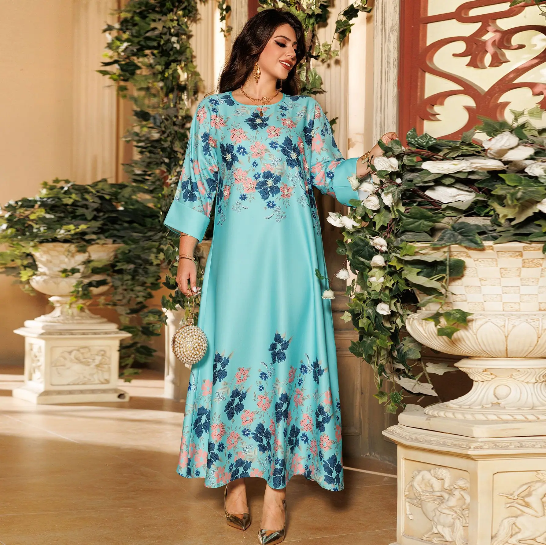 Abaya с мусульманским принтом Горячая модная одежда украшенная женское платье