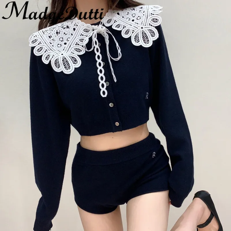 

9.29 MadgeDutti Detachble Lace Doll Collar Short Knit Cardigan Or Letter Embroiedry Shorts Fashion Set Women