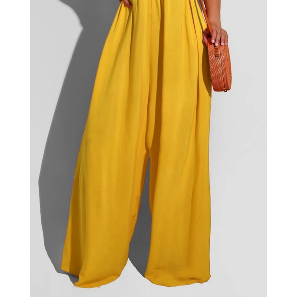 Summer Women Ruched Spaghetti Strap Wide Leg Loose Jumpsuits Sexy Female Sleeveless Birthday Jumpsuit High Quality Outfits