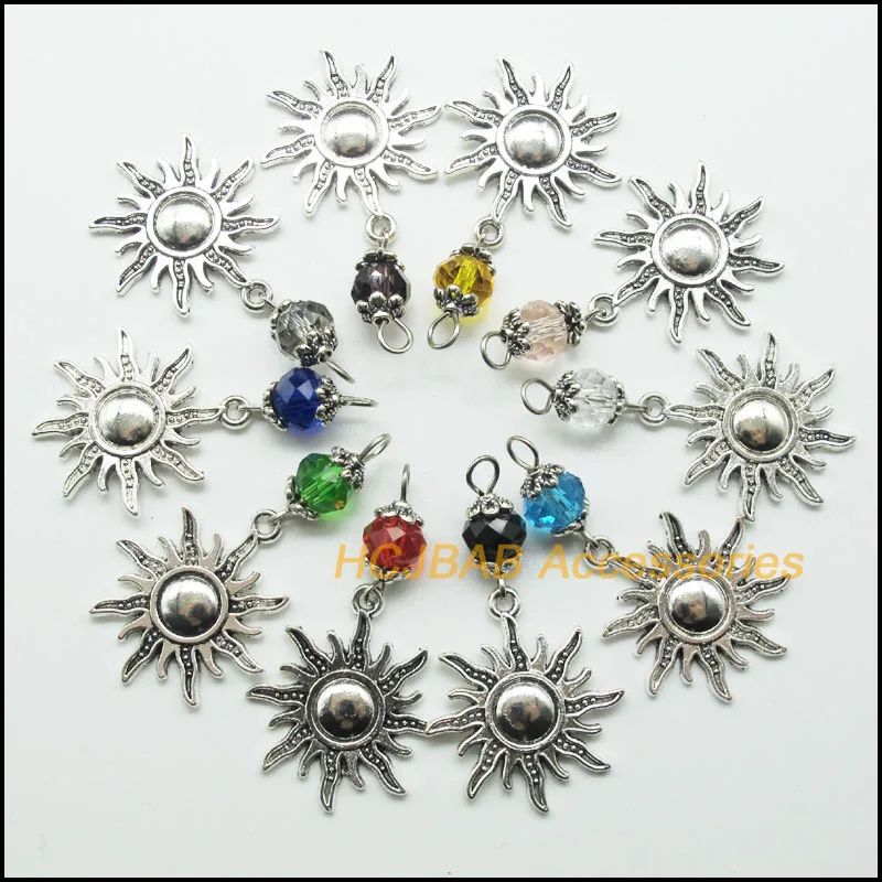 

10 новых подвесок Sun Firewheel, тибетские посеребренные Подвески, Смешанные Круглые кристаллы 25x28 мм