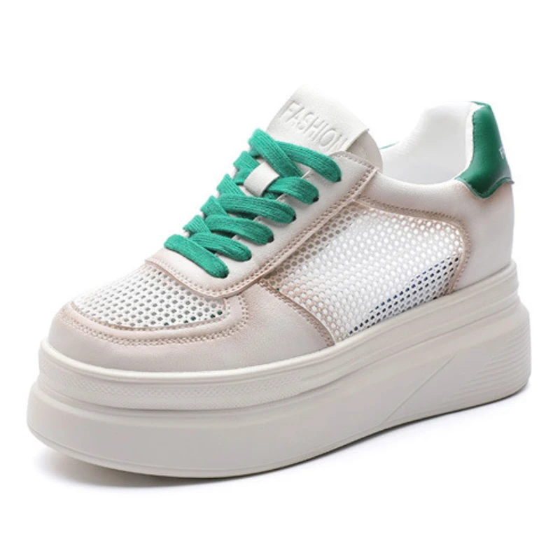 

Fujin 8cm Air Mesh Genuine Leather Women White Shoes Platform Sneakers Wedge Hidden Heel Women Summer Shoes Fashion Sneakers
