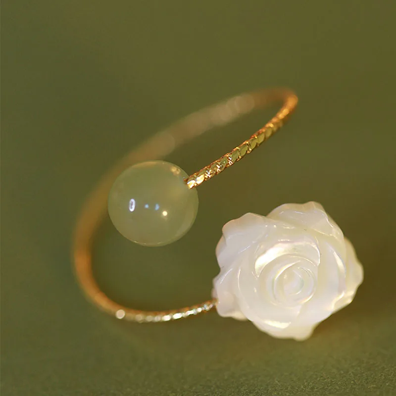 S925 Sterling Silver Natural Hetian Jade Ring Women Design White Rose Advanced Personali Adjustable
