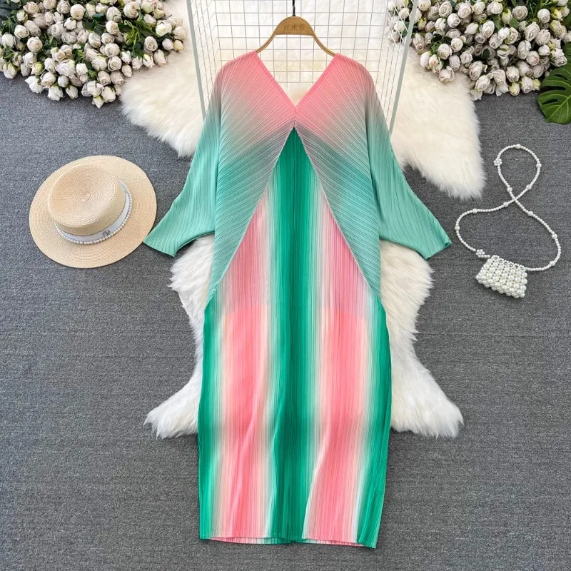 

Y2k Dresses Women Sexy Long Sleeve V-neck A-line Rainbow Gradient Femme Vestido Korean Fashion Pleated Loose Dress Dropshipping