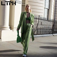 ltph green blazer sets women office wear belt decoration casual loose jacket streetwear pant suits two piece set 2022 spring new