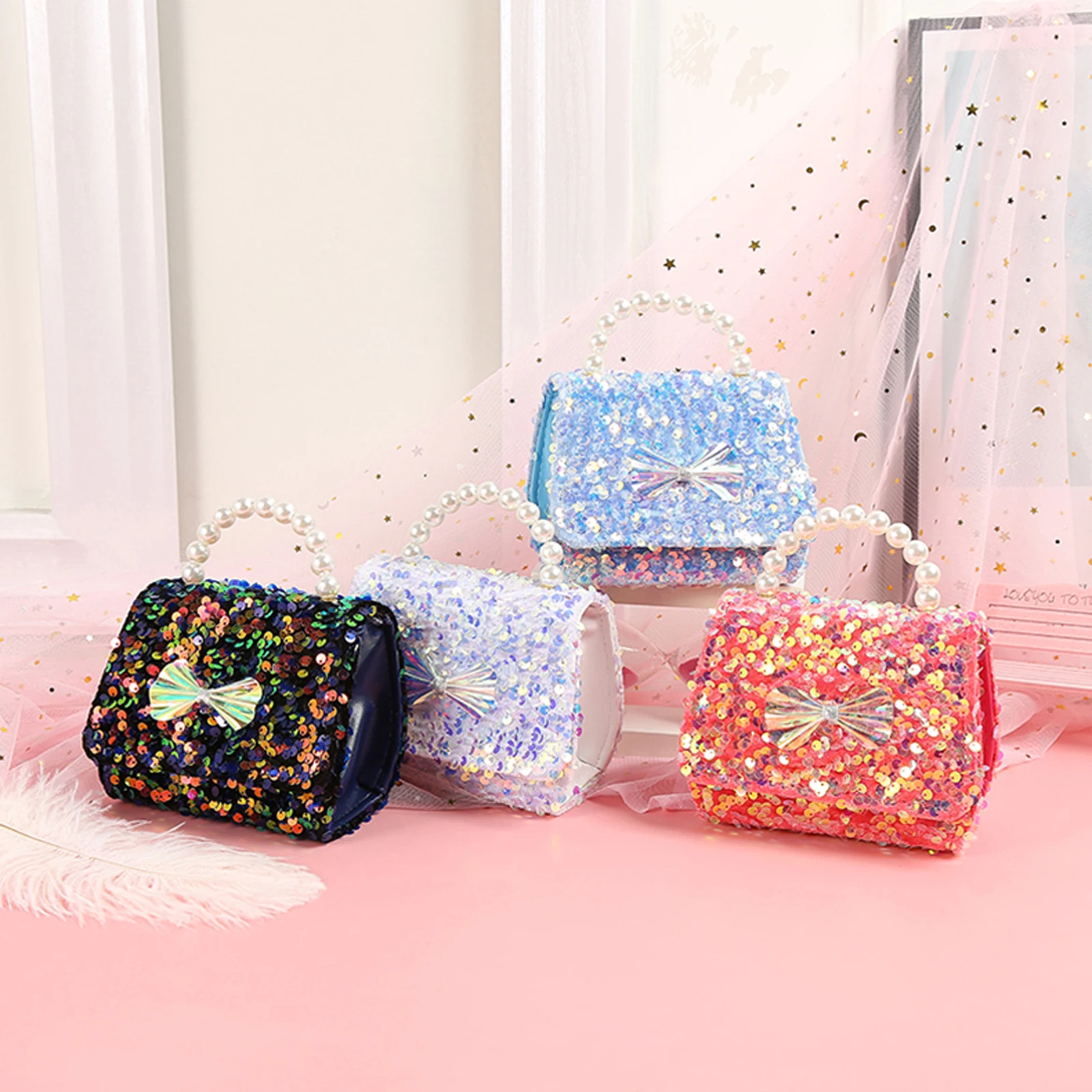 

Bow Bag Pearl Children Pattern Shape Chain Strap With Crossbody Handle Knot Sequins Kids Bag Messenger Girls Square And