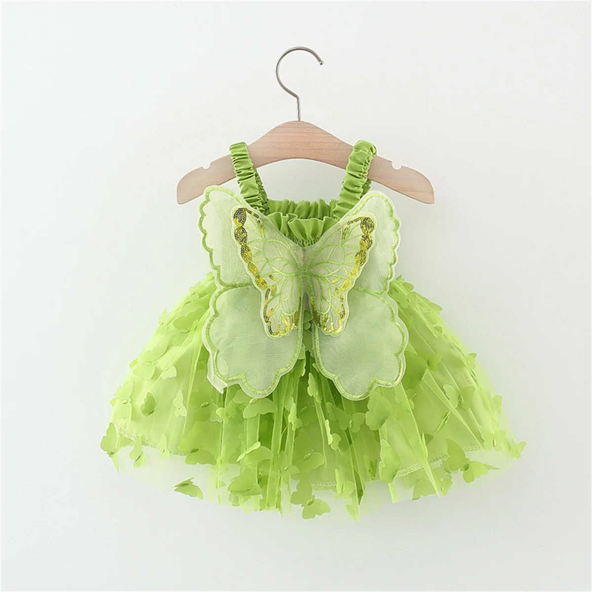 

New Summer Girls Suspenders Skirt Solid Color Butterfly Sleeveless Mesh Skirt Popular Big Wings Princess Dress Strap Mesh Dress