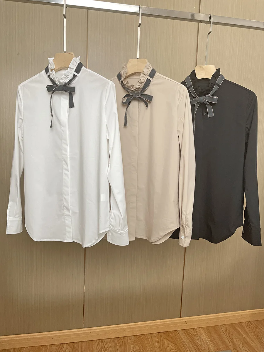 

Women Shirt Beaded Ribbon Ruffled Collar Covered Buttons Office Lady Blouse