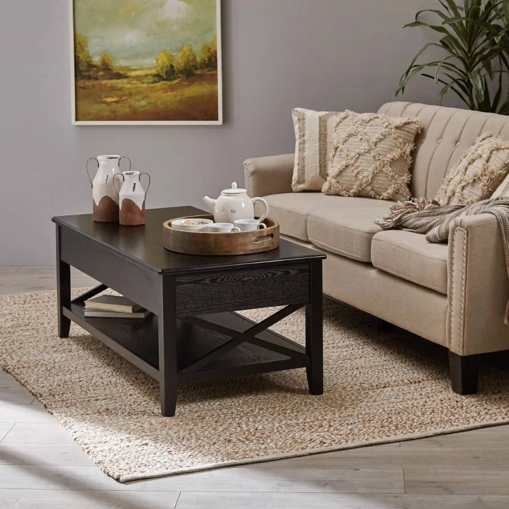 

Noble House Moses Farmhouse Faux Wood Lift Top Coffee Table, Black