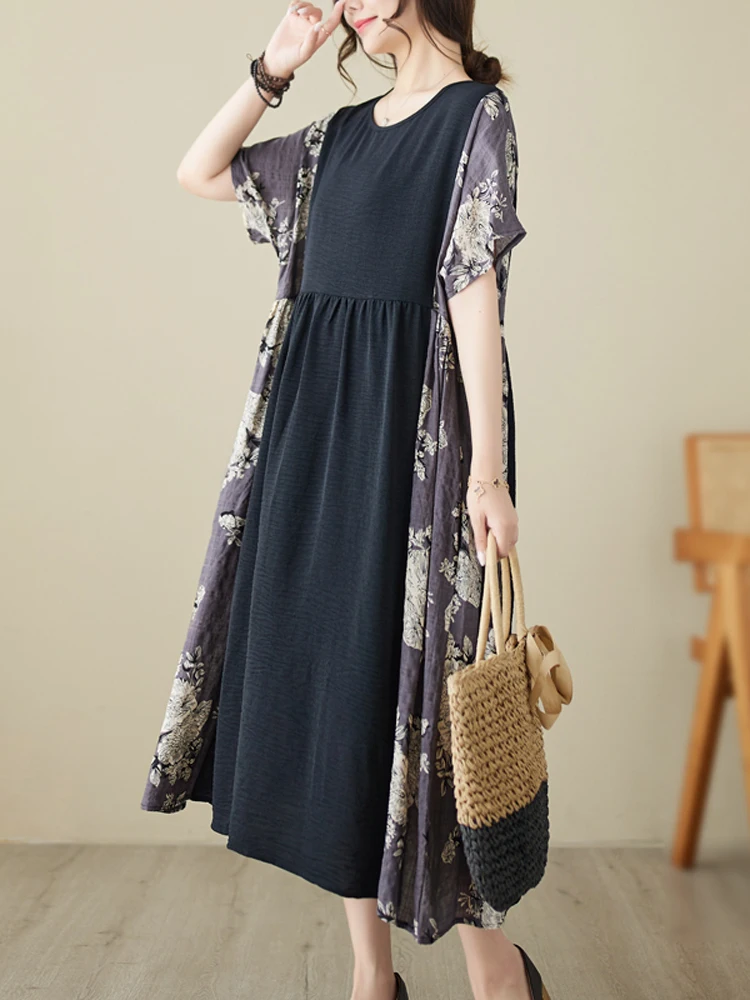

2023 Summer Vintage Floral Print Patchwork Woman Dress Vestidos Robe Elbise Loose Plus Size Short Sleeve Women Maxi Long Dresses