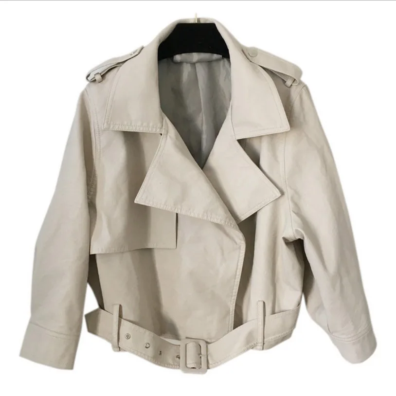 Women's Loose Leather Clothing 2022 winter  Autumn Korean Bf Lattice  Lantern Sleeve Short Coat  Oversize Leather Jacket Women