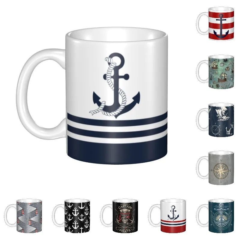 

Кофейная кружка с морскими синими якорями в сине-белую полоску, персонализированная керамическая кружка «сделай сам» с морским парусником,...