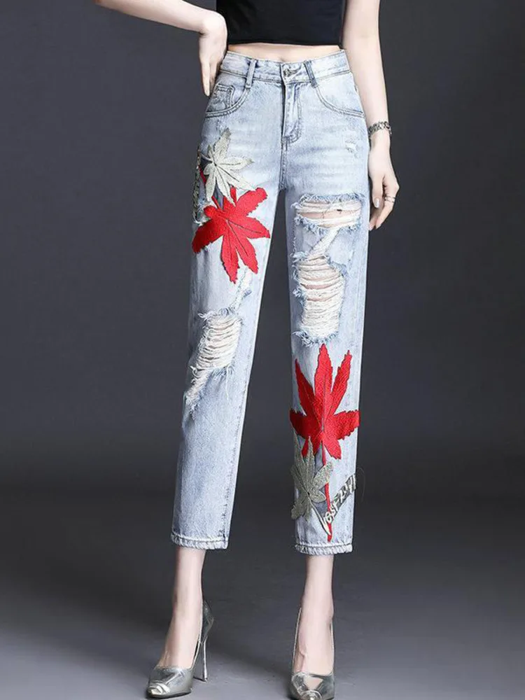 

Women Embroidery Jeans High Waist Stretch Slim Jeans Pants Embroidered Ripped Hole Jeans Summer New Casual Denim Trousers