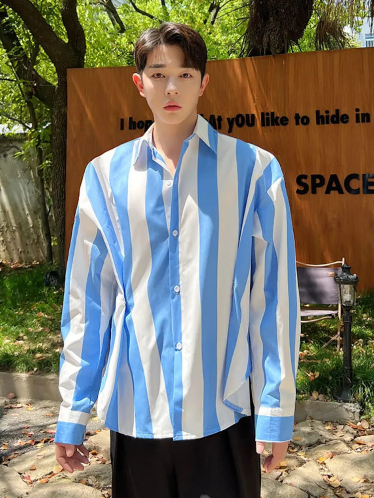 

SYUHGFA 2022 Spring Autumn Turn Down Collar Long Sleeve Stripe Shirt For Men Adjustable Loose Casual Style Shirts Men Clothing