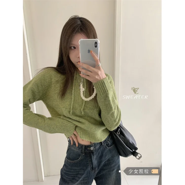 

Korobov Y2k Clothes Lazy Style Vintage Hooded Sweater Women Spring Loose Knitwears Crop Tops Korean Fashion Sueters De Mujer