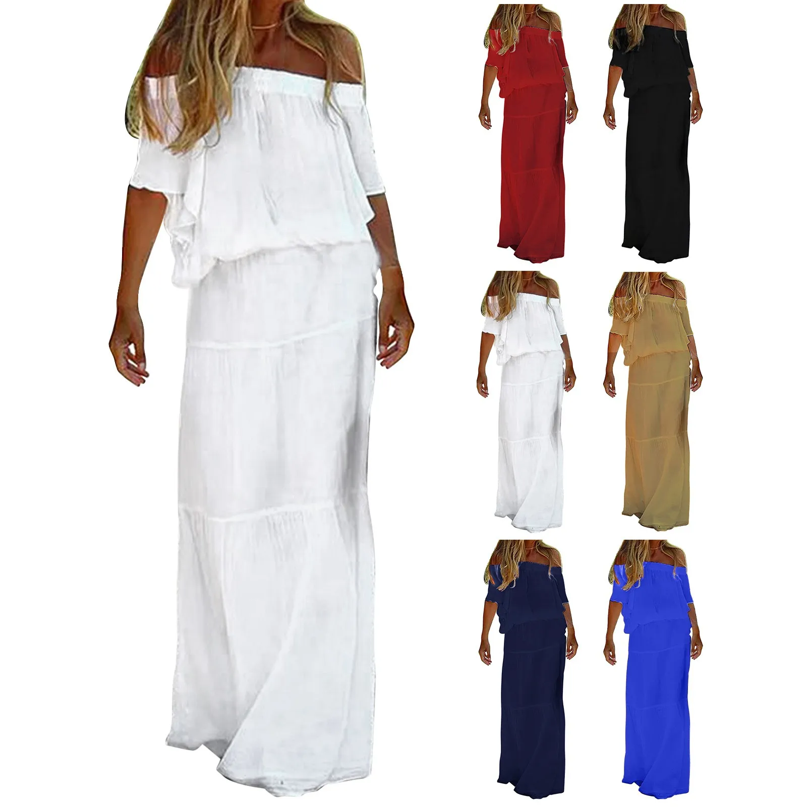 

Women's Fashion Casual Solid Color One Shoulder Elastic Waist Short Sleeve Long Dress Formal Long Jackets for Women