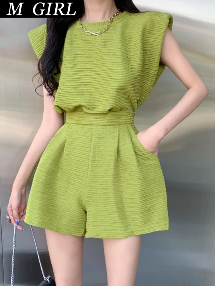 M GIRLS Two Piece Set Women Loose Sleeveless T Shirts Solid Green Tops High Waist Wide Leg Shorts Korean Fashion Female Suits