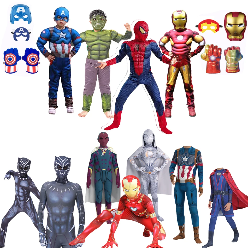 

Super Hero Halloween Cosplay Costume Avengers Kids Role Play Party Muscle Costumes Captain America Iron Man Hulk Bodysuit 4-12Y