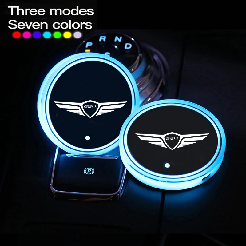

2Pcs 7Colors LED Car Cup Holder Lights for GENESIS GV80 G80 G70 G90 Changing USB Luminous Coaster Water Cup Bottle Pad Interior