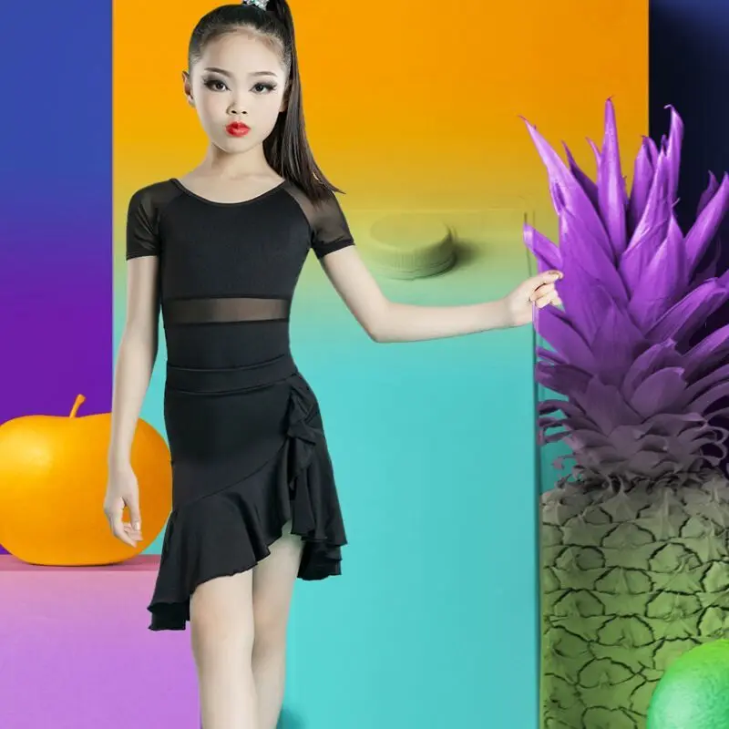 

Children Girl Latin Dance Dress Short Sleeve Mesh Costume Salsa Black White Kids Tango Dresses Dancing Stage Performance Sets