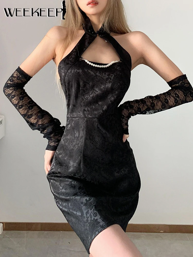 

Weekeep Elegant Hollow Out Dress With Lace Sleeve Vintage Floral Print Slim Black Mini Dresses Clubwear Party Outfits For Women