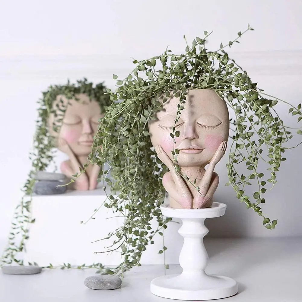 

Human Face Vase Decoration Girls Eyes Doll Resin Flowerpot Figure Sculpture Storage Container Succulent Plant Flower Container