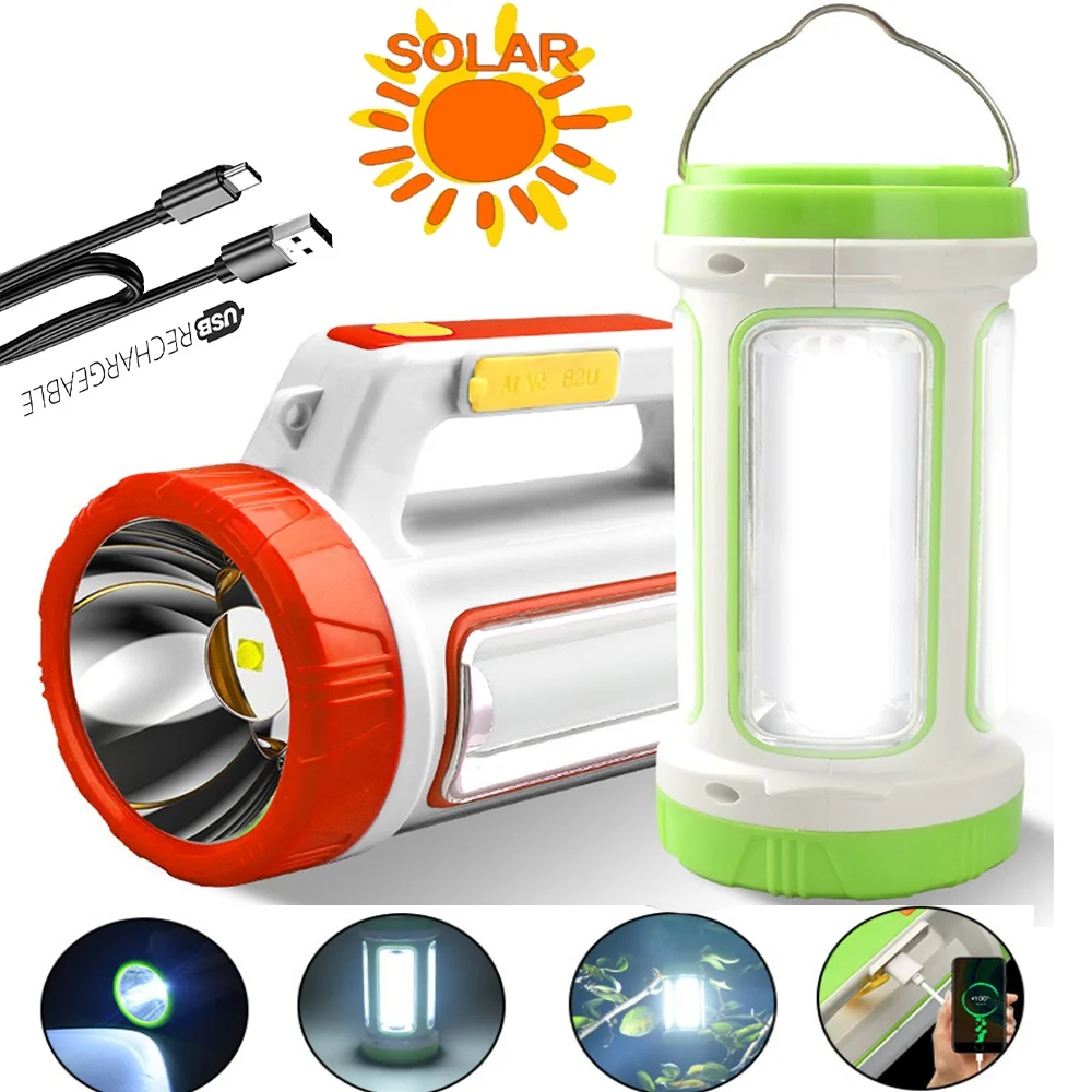 

Powerful LED Flashlight Outdoor Waterproof Camping Light Tent Light USB/Solar Charging Searchlight Rechargeable Spotlight Torch