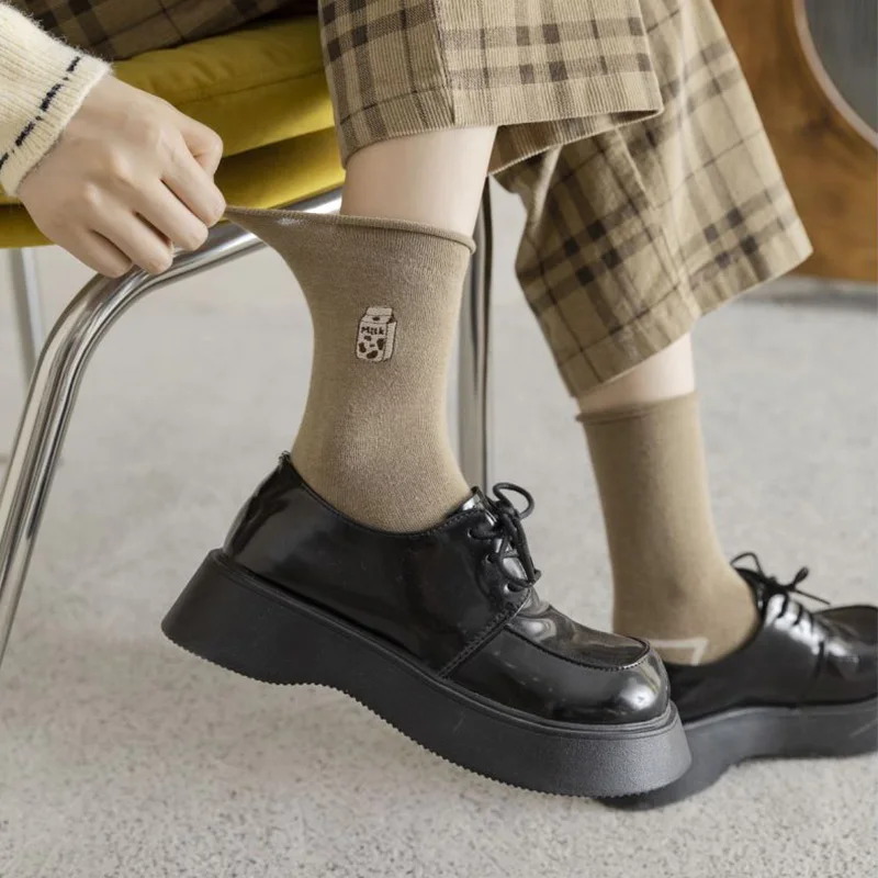 5 Pair Fashion Crimping Women Socks Kawaii Embroidery Long Socks Cute Cow Print Winter Pure Cotton Vintage Streetwear Girl Style