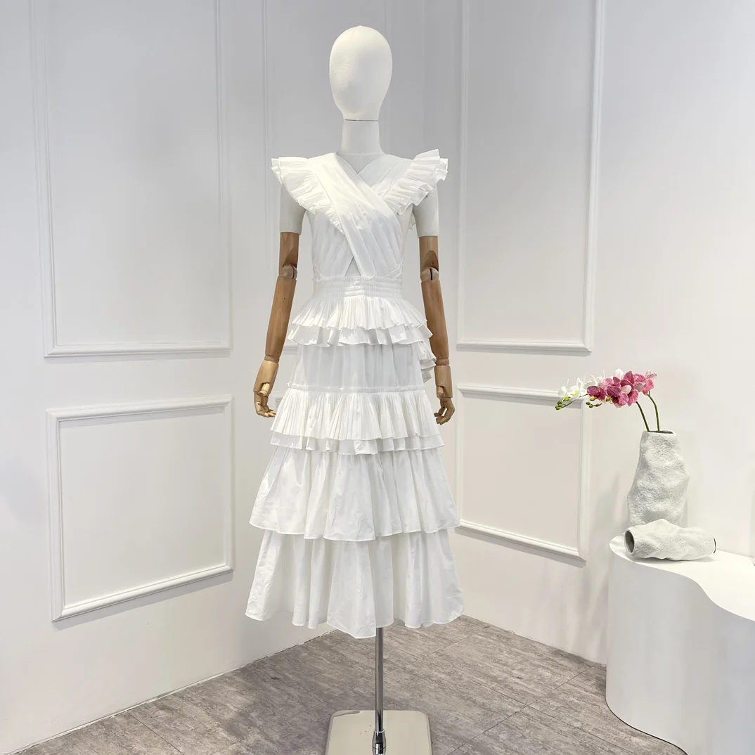 

New Arrival Spring Summer Beige Black Cotton Poplin Pleated Layered Sleeveless Irregular Maxi Dress for Women