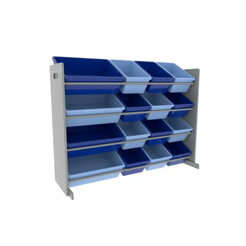 

Toy Storage Organizer with 16 Blue Plastic Storage Bins