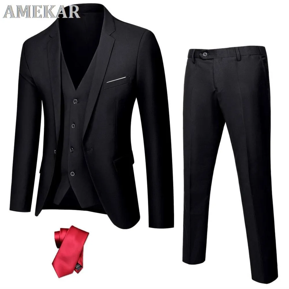 Костюм мужской из трех предметов, приталенный пиджак на одной пуговице, жилет, брюки с галстуком, классический однотонный блейзер для мужчи...
