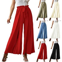 women loose belted long trousers summer autumn ladies casual solid color high waist ruched beach wide leg pants