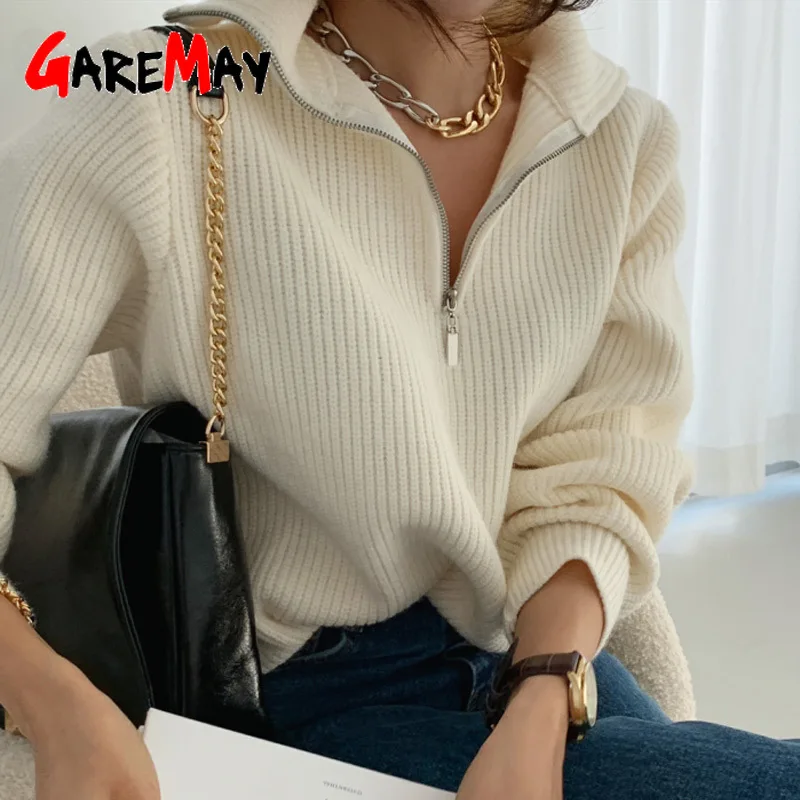 Зимний женский свитер с высоким воротом на молнии мягкий бежевый вязаный Свитер