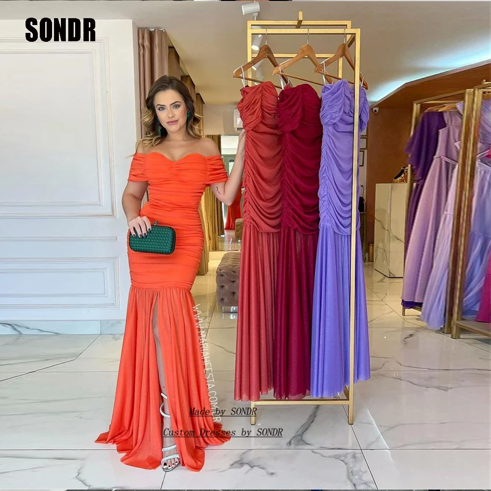 

SONDR Modern Orange Off Shoulder Prom Dresses Sweetheart Mermaid Leg Slit Chiffon Vestido Robes De Cocktail Nigh Dress Gowns2023