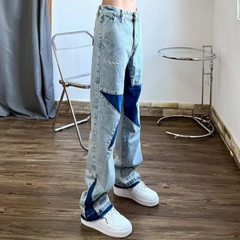 Harajuku Stars Letter Embroidery Patchwork Straight Flare Jeans Pants Mens Retro Ripped Oversized Casual Denim Trousers Y2K