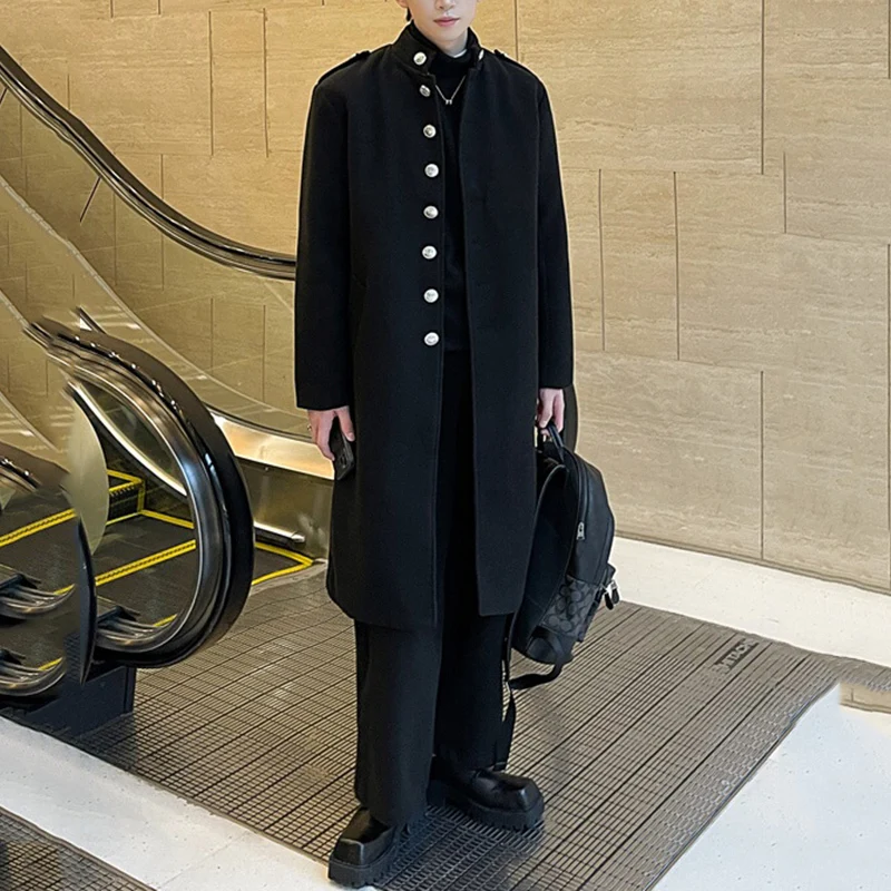 Мужское шерстяное пальто PFHQ на осень и зиму Длинная ветровка толстая 2024 темная