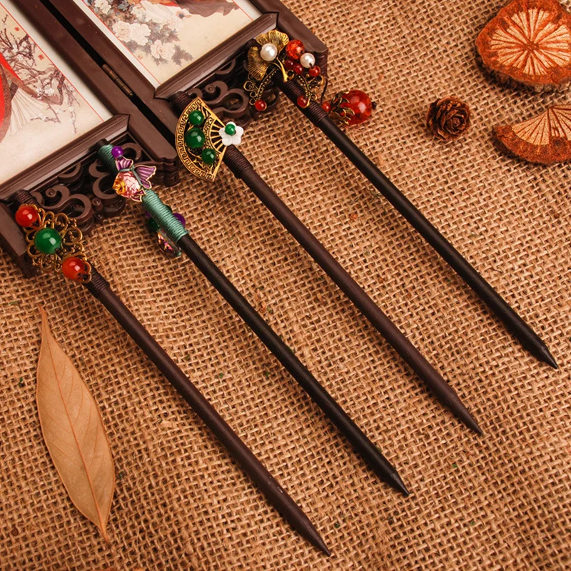 

Ancient Style handmade wooden with flowor hairpins headdress hair disk glass crystal jade beads tassel hang buyao hairpins women