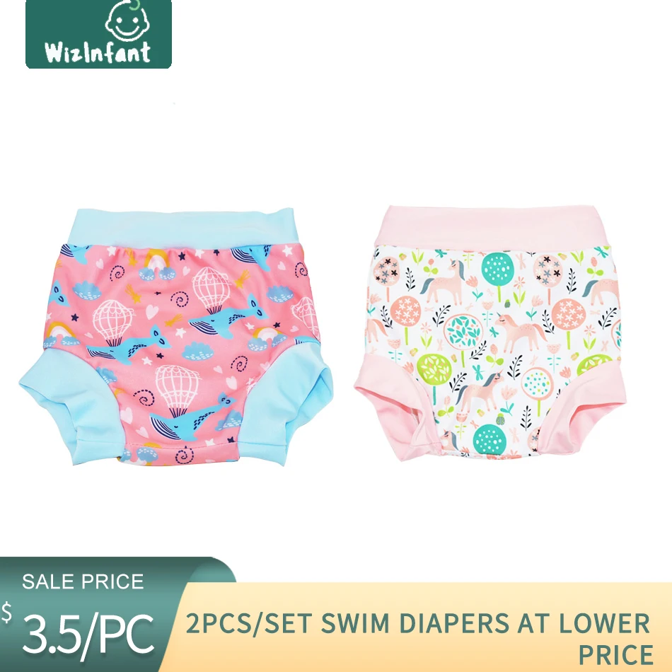 

WizInfant 2Pcs Children Leakproof Swimming Nappy Newborn Baby High Waist Swim Trunks Cartoon Printed Summer Cloth Diaper
