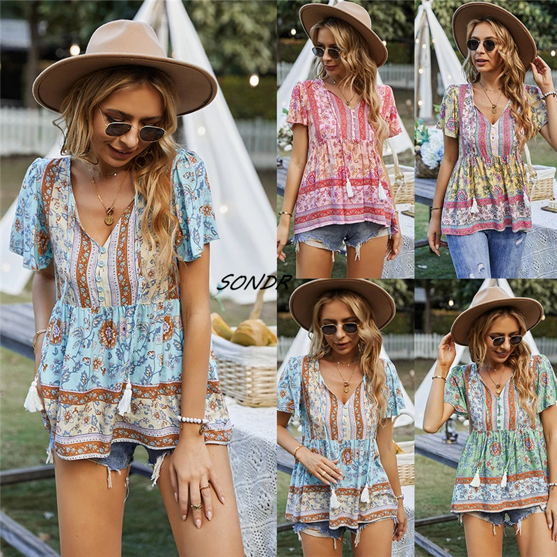 

Bohe Women Sexy Tops Summer Print V Neck 2022 Women Fashion Clothing