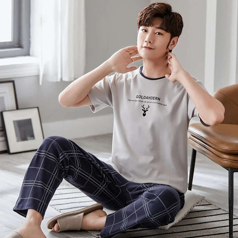 

Летняя модель 2022, длинные брюки с коротким рукавом, хлопковый пижамный комплект для мужчин, повседневный костюм, пижама, домашняя одежда, до...