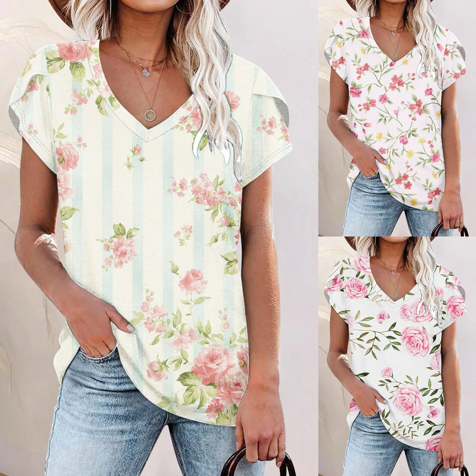 

Сексуальные женские повседневные футболки с цветочным принтом, свободные топы с V-образным вырезом, лето 2022, женские повседневные блузки с р...