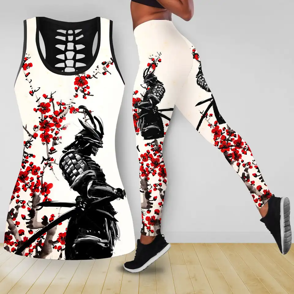 Samurai Warrior Red Flower Combo Legging Tank Top Outfit Fitness Pants Summer Vest Yoga Suit XS-8XL