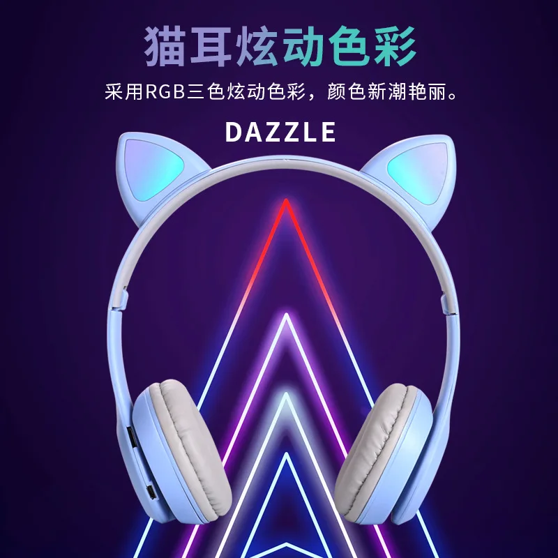 Wireless Headphones Cat Ear with Mic Blue-tooth Glow Light Stereo Bass Helmets Children Gamer Girl Gifts PC Phone Gaming Headset